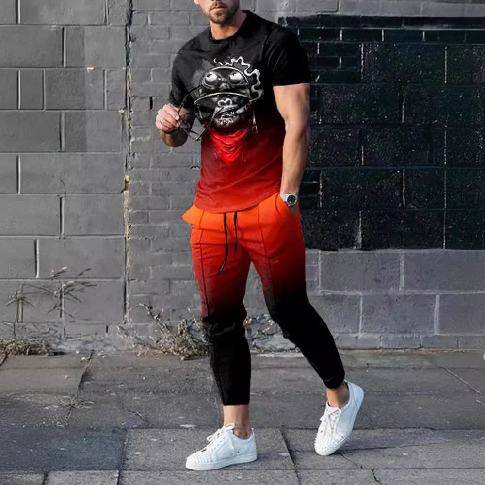 Men's short-sleeved printed sport suit set showing t-shirt and trousers in polyester blend fabric