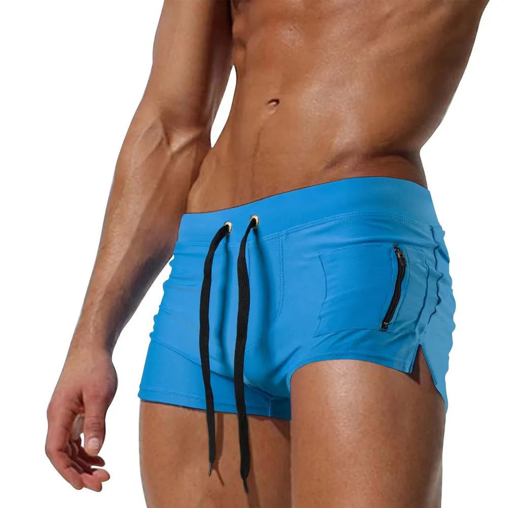 Men's black polyester swimming trunks with high waist lace-up design for swimming and fitness activities