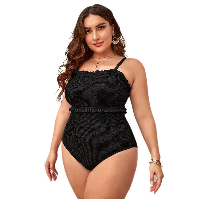 Black plus size bikini swimsuit with double shoulder straps and belly cover design