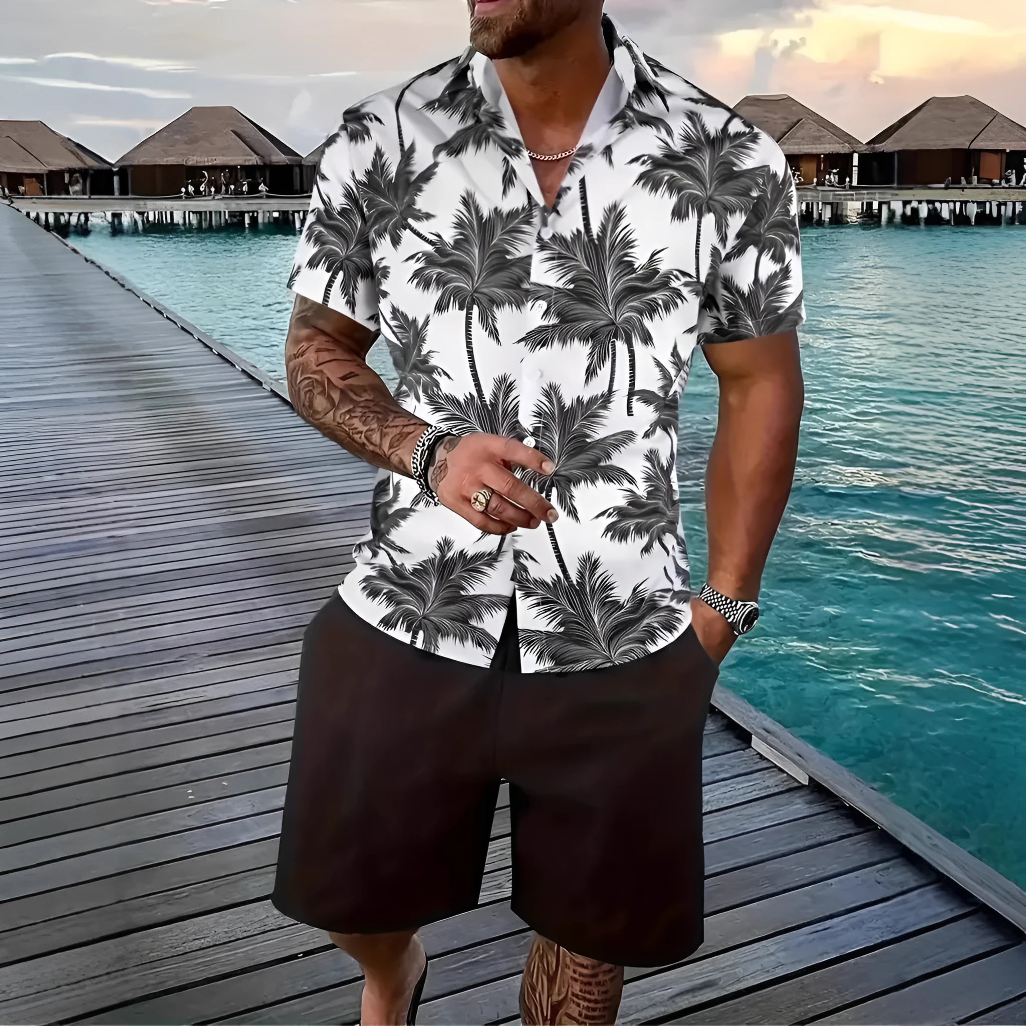Men's Hawaiian print 3D short sleeve suit top and shorts set on a mannequin.