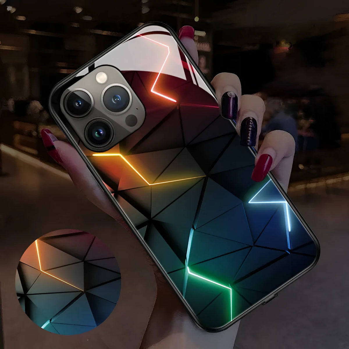 Luminous design iPhone protective case with TPU and tempered glass construction