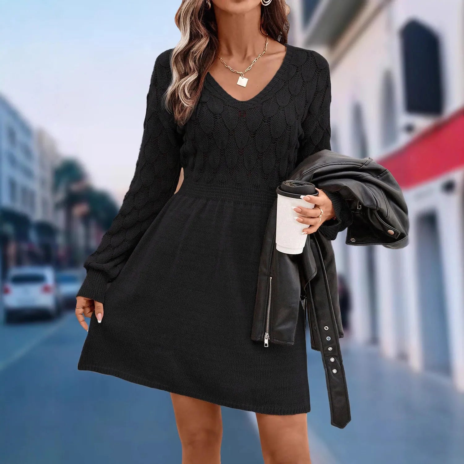 Women's artistic retro V-neck long sleeve beach dress with 3D pattern in acrylic fabric.