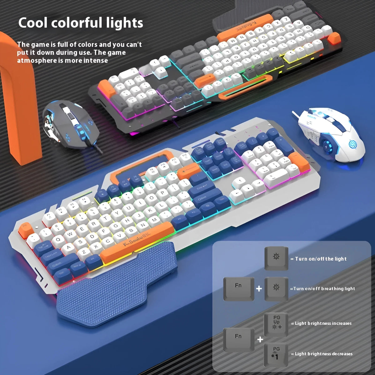 Blue wired gaming keyboard and mouse set with backlit keys on a desktop