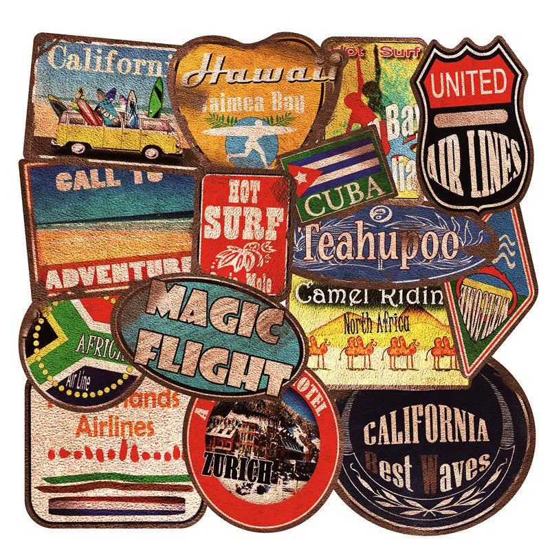 36 retro beach and surfing themed vinyl stickers in various sizes from 6cm to 10cm with matte finish