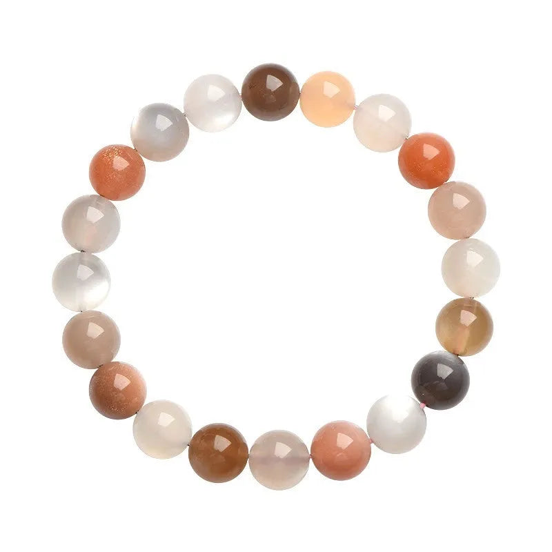 Natural colourful moonlight moonstone bracelet with 8mm beads on wrist.