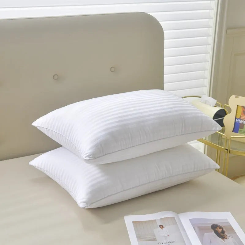White hotel cotton satin stripe feather pillow showing size options and feather cotton filling