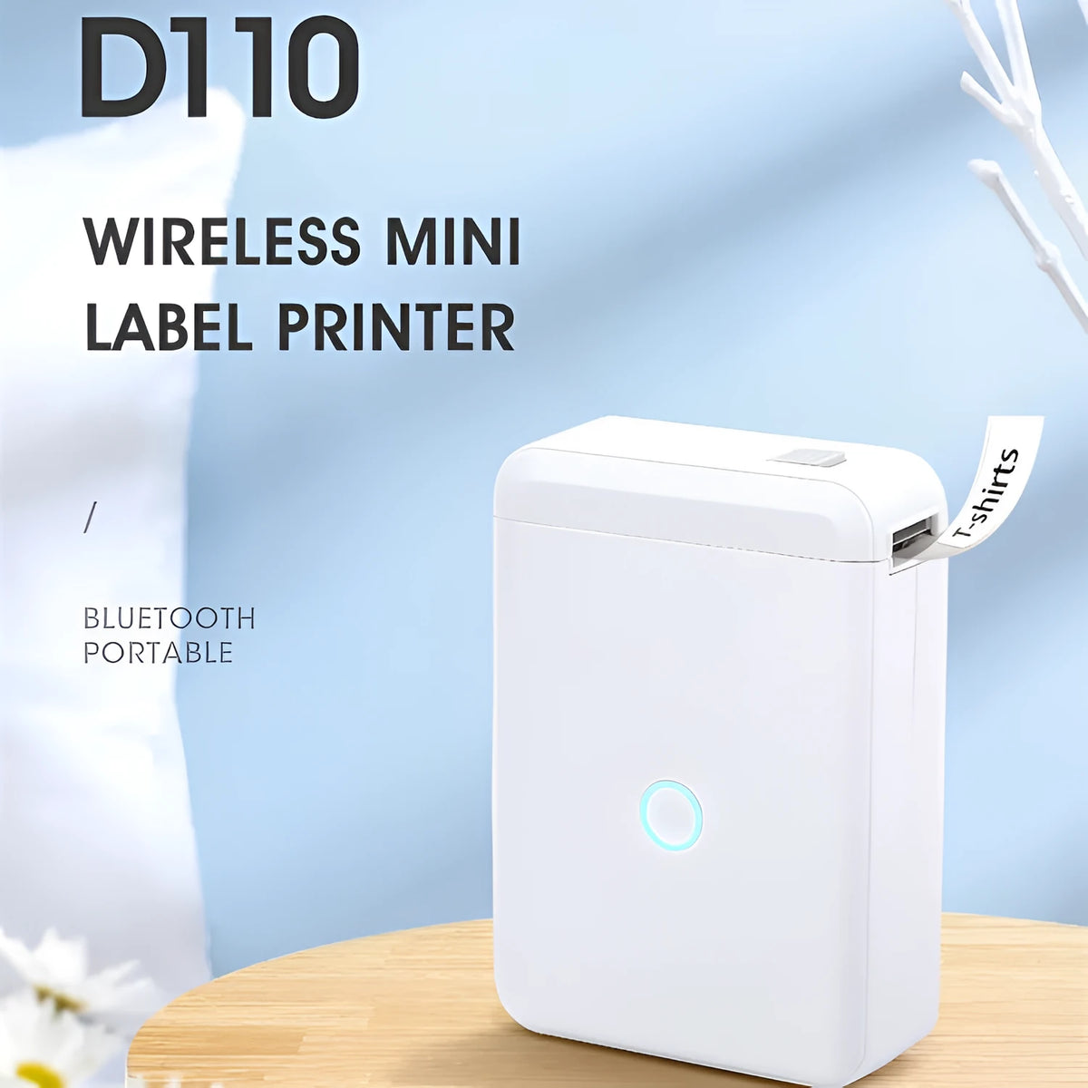 D110 white label printer with Bluetooth, 203 dpi thermal printing, 12mm width, 108x76x30mm