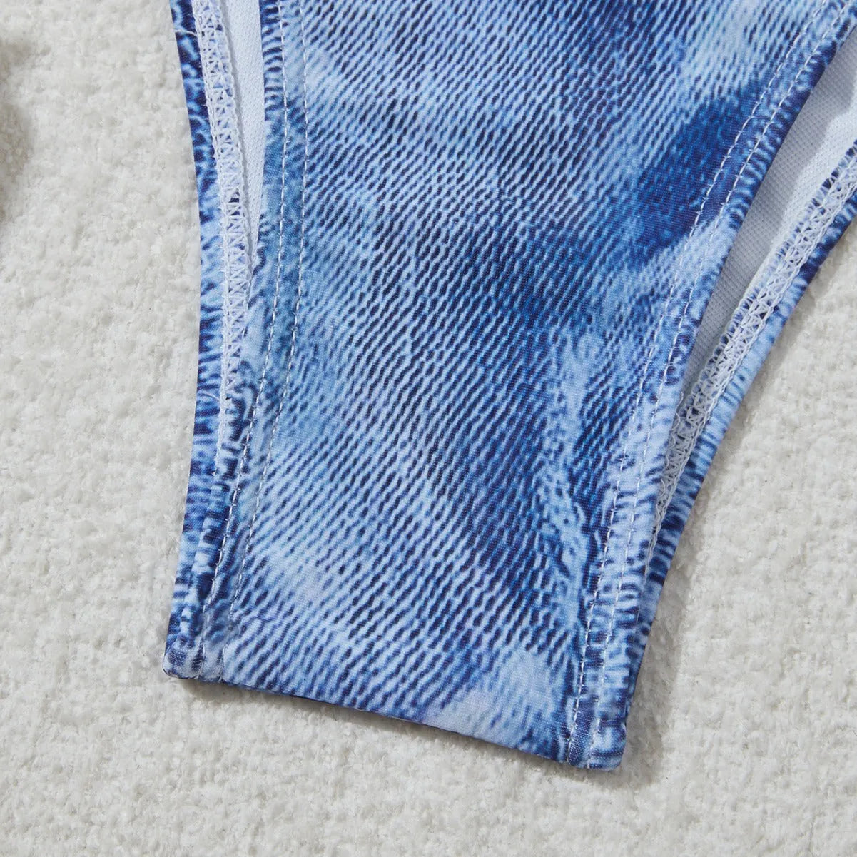Women's denim blue printed strap bikini set with ruffle detail design