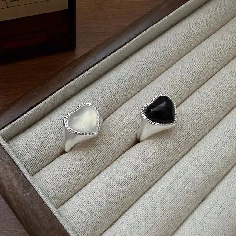 S925 sterling silver heart ring with black agate and adjustable opening