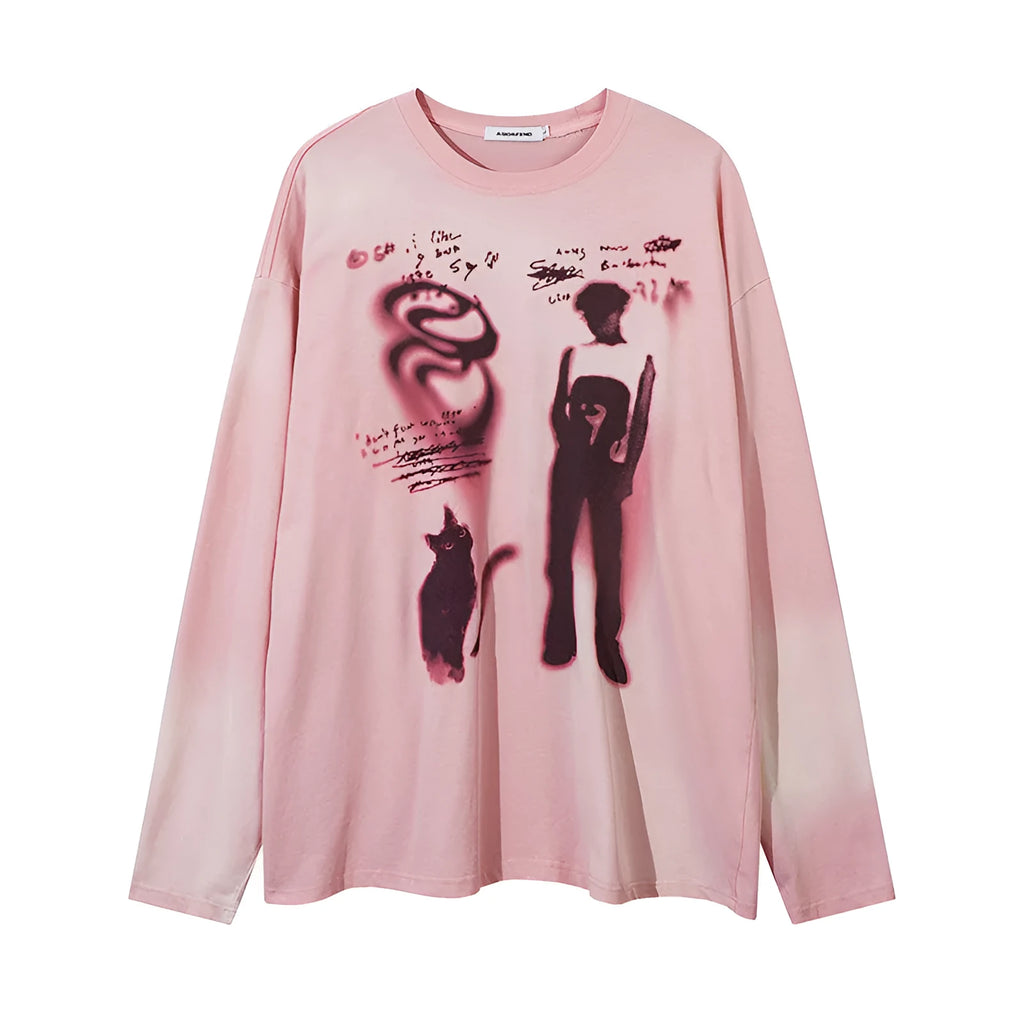 Women's loose fit cotton pullover top with letter pattern in dark grey and pink colours