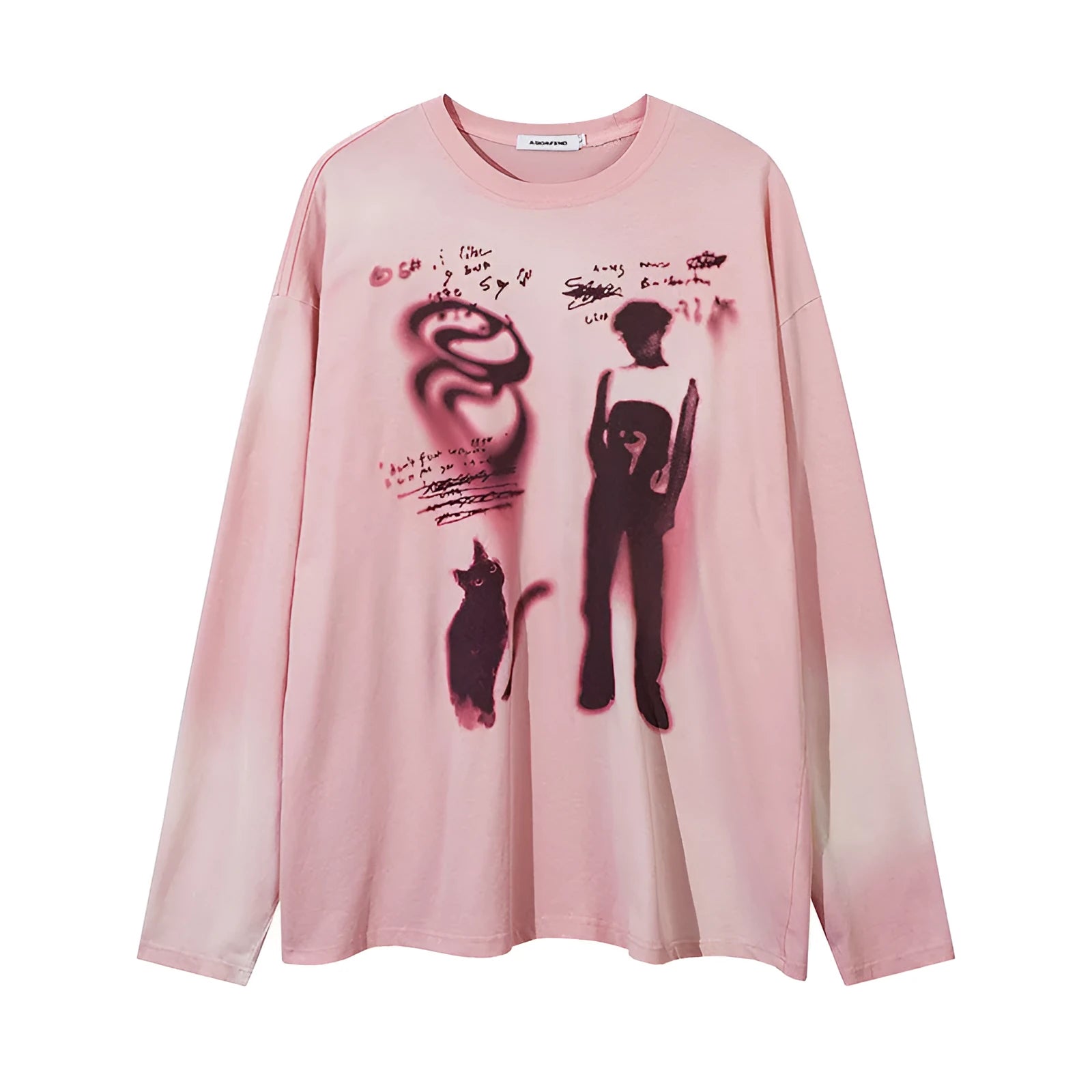 Women's loose fit cotton pullover top with letter pattern in dark grey and pink colours