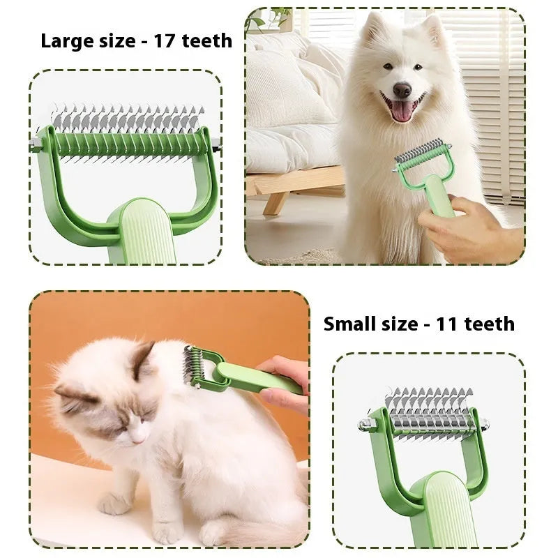 Green and grey pet hair unknotting comb for dogs with stainless steel teeth on a plastic handle.