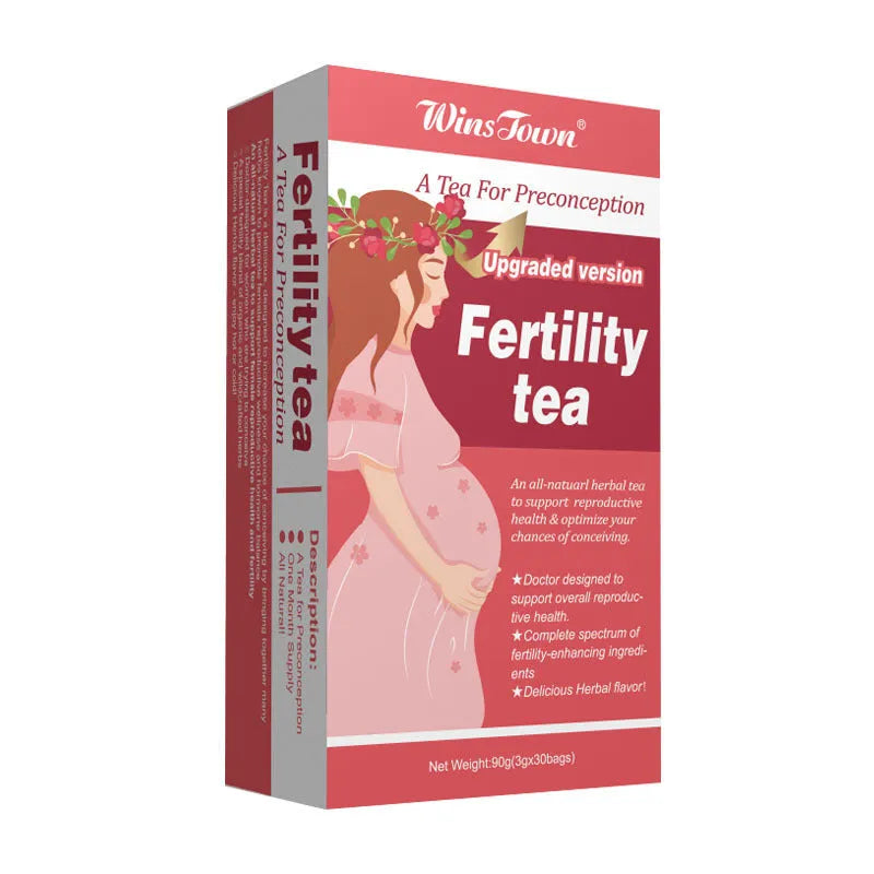 Box of fertility herbal tea containing 330 individual tea bags for reproductive health support.