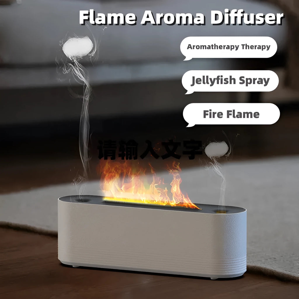 Black Flame Air ultrasonic humidifier and essential oil diffuser with coloured LED lights on a desk.