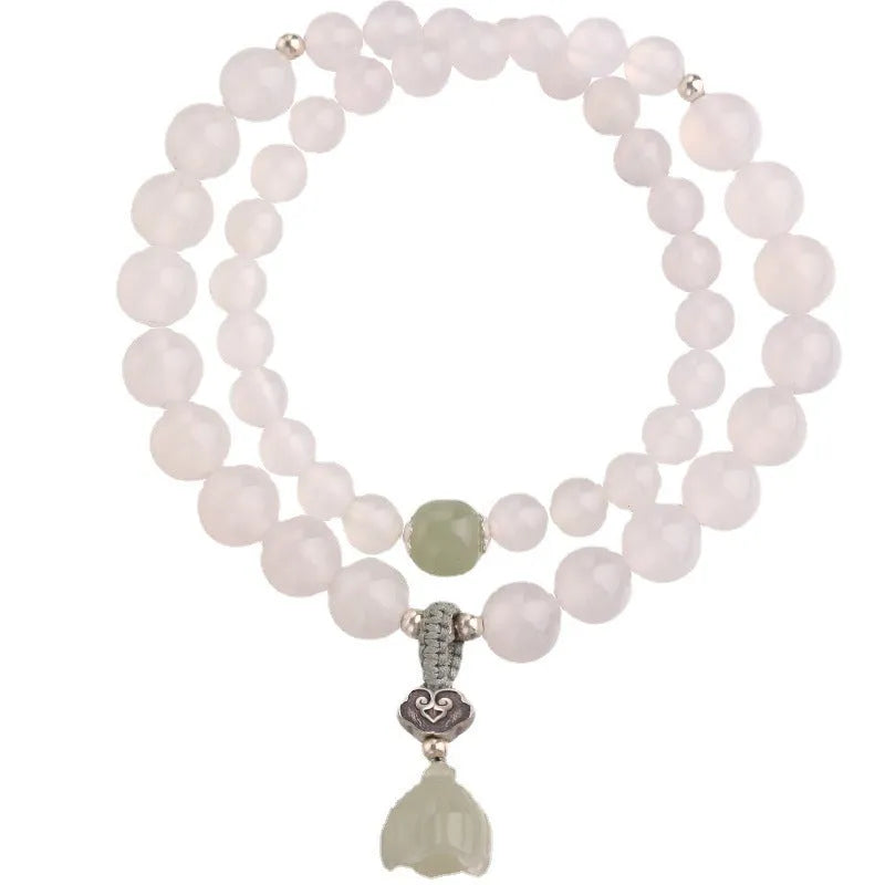 Women's bracelet with S925 silver and white agate Hetian jade beads in geometric lotus pattern