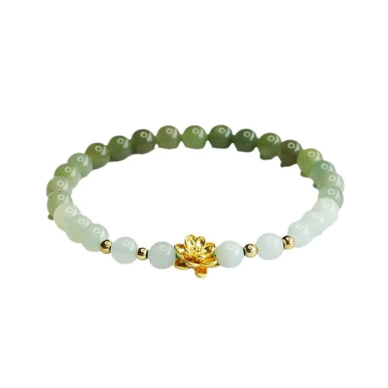 Hand-woven Hetian jade bracelet with water gradient colour and 6mm floral beads