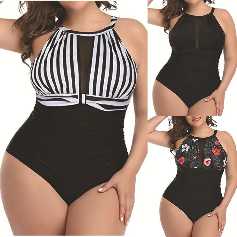 Women's black one-piece swimsuit with red flower pattern, plus size swimwear