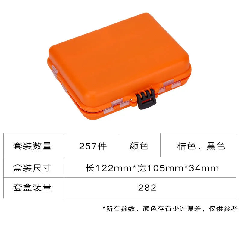 Weihe 257-piece fishing lure and hook accessories set in a black or orange ABS plastic organiser box.