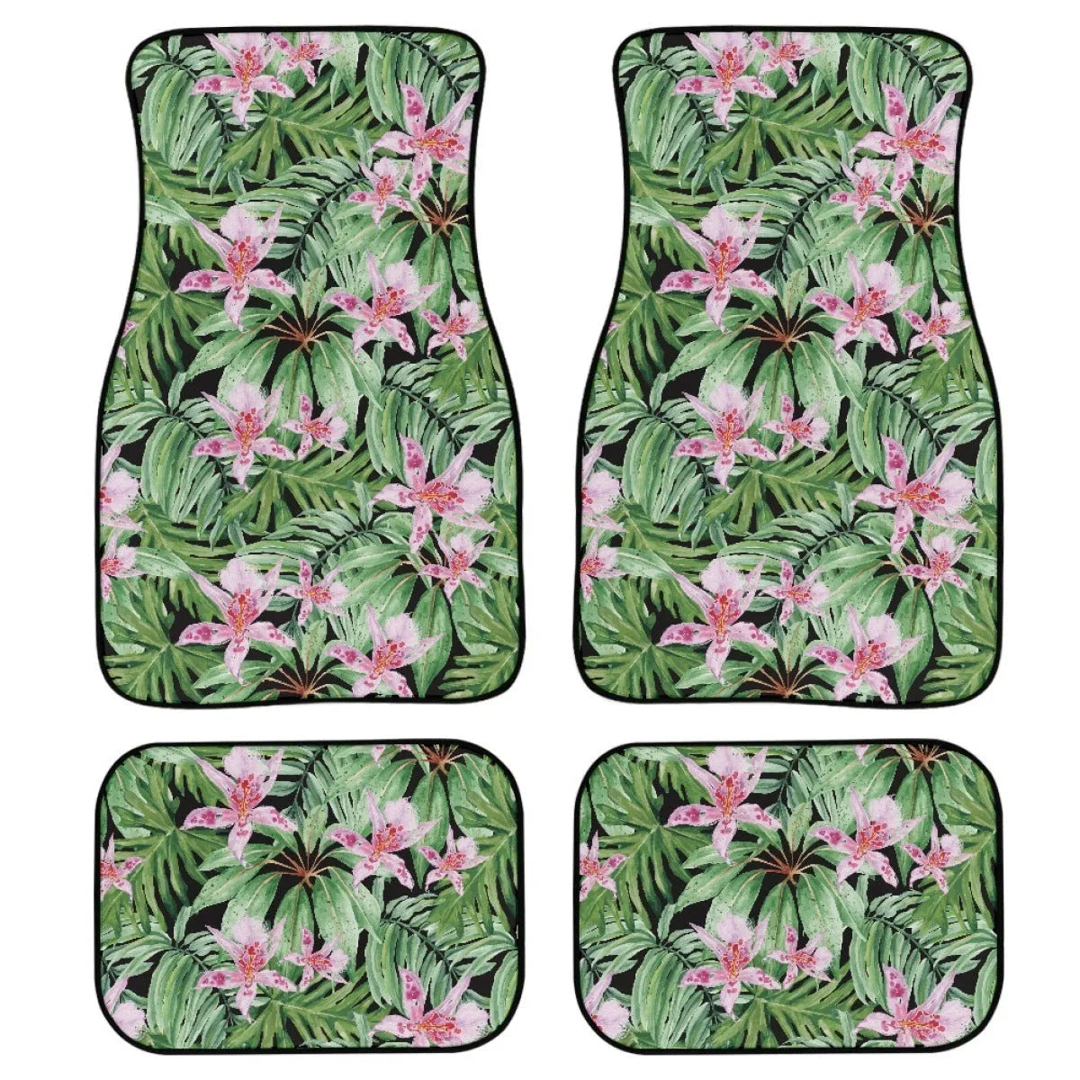 Black four-piece rubber car foot mat set with a textured surface.
