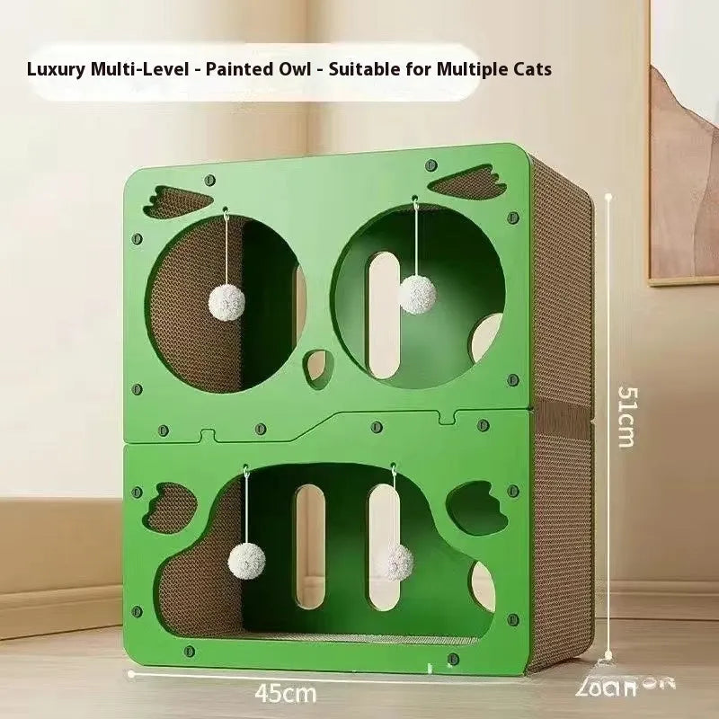 Double layer cat nest with wear-resistant scratching board in owl and cat head styles