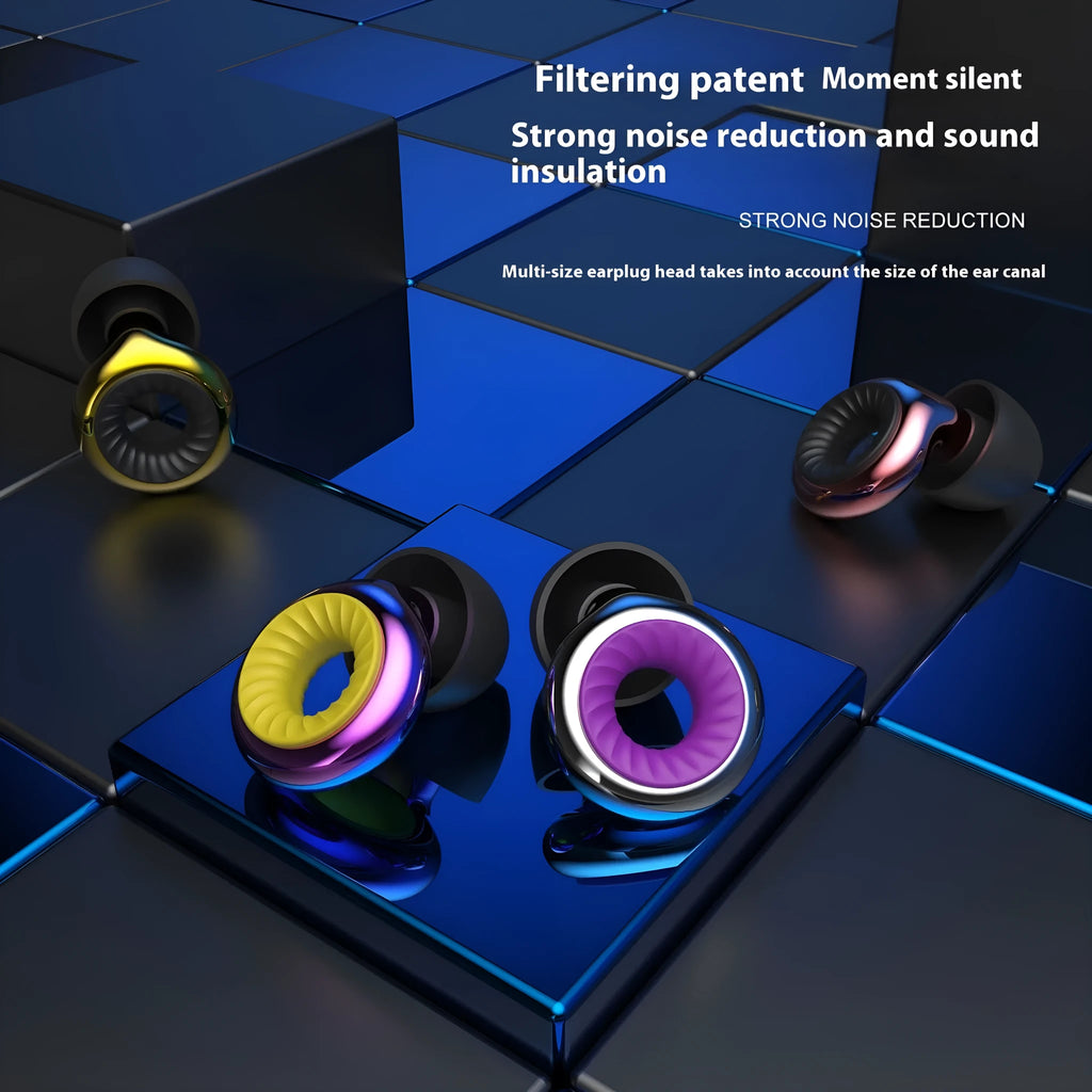 Noise reduction sleep earplugs in gold, silver, transparent, purple and rose gold colours with storage box.