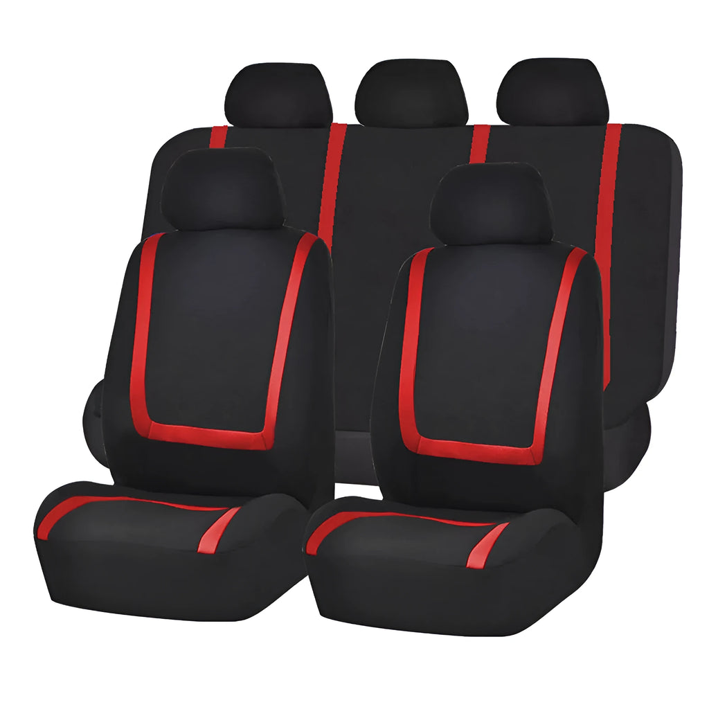 Fully enclosed universal car seat cushion cover showing fabric construction and headrest protection pieces
