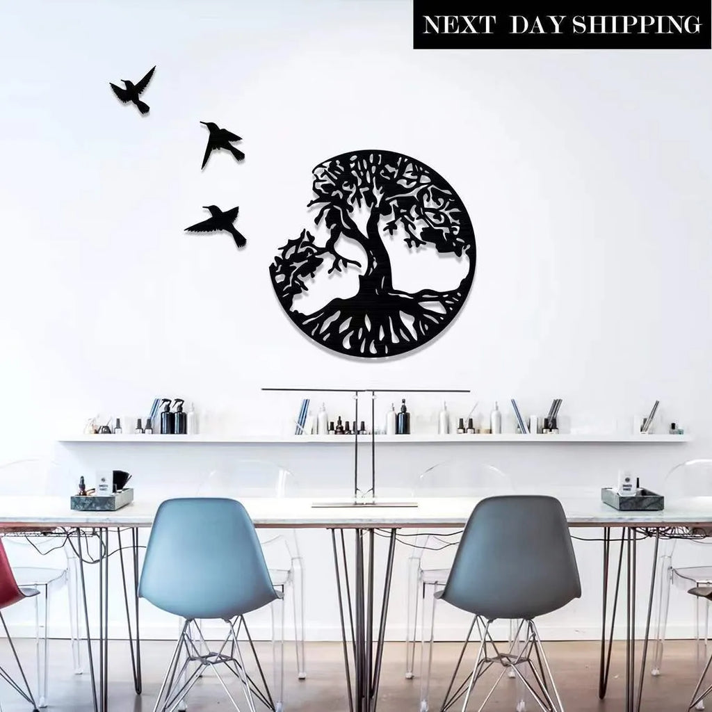 Black electroplated iron wall art hanging ornament with modern simple design, functioning as an indoor wind chime.