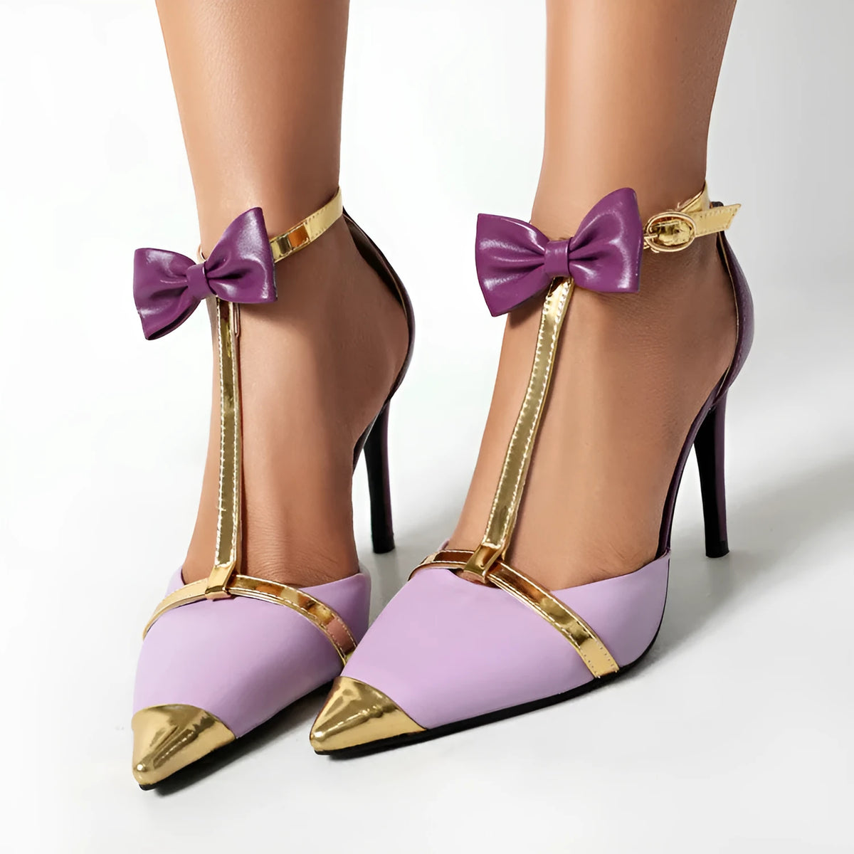 Purple and white plus size women's closed toe high heel sandals with a buckle strap on a rubber sole.