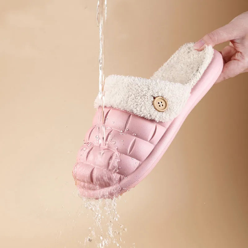 Plaid detachable slippers with plush lining and a textured EVA sole, shown in pink.
