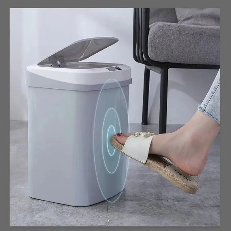 Plastic induction trash can with lid in black or white for kitchen, living room, or toilet