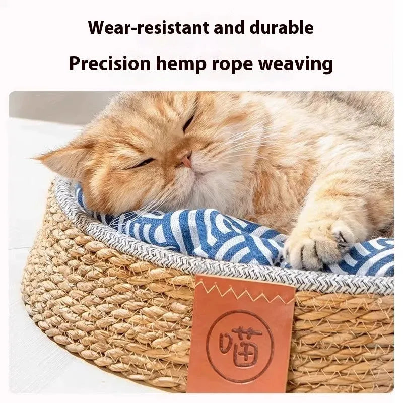 Rattan woven cat bed for pets showing breathable construction with natural material texture