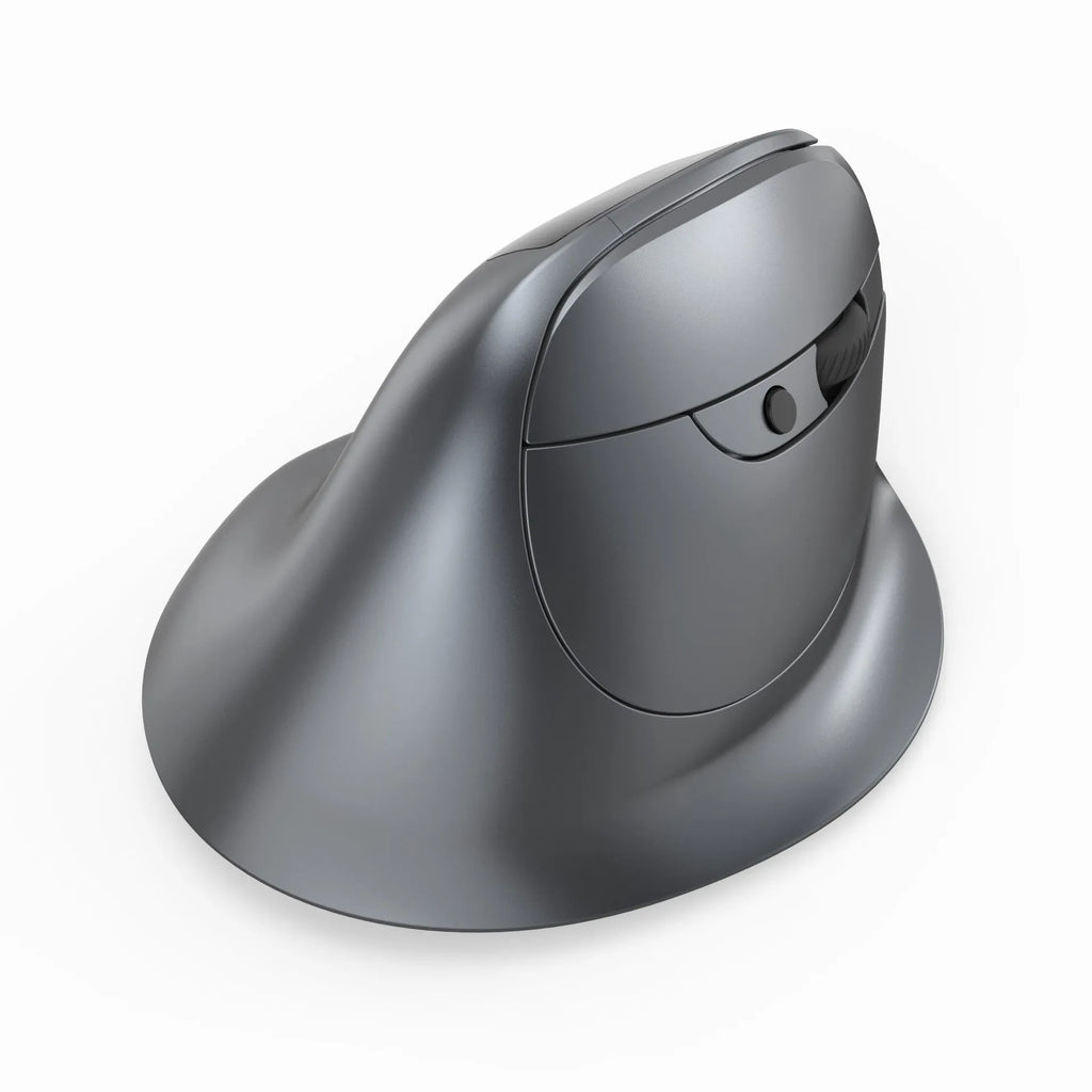 Grey vertical ergonomic mouse with Bluetooth connectivity and self-charging capability