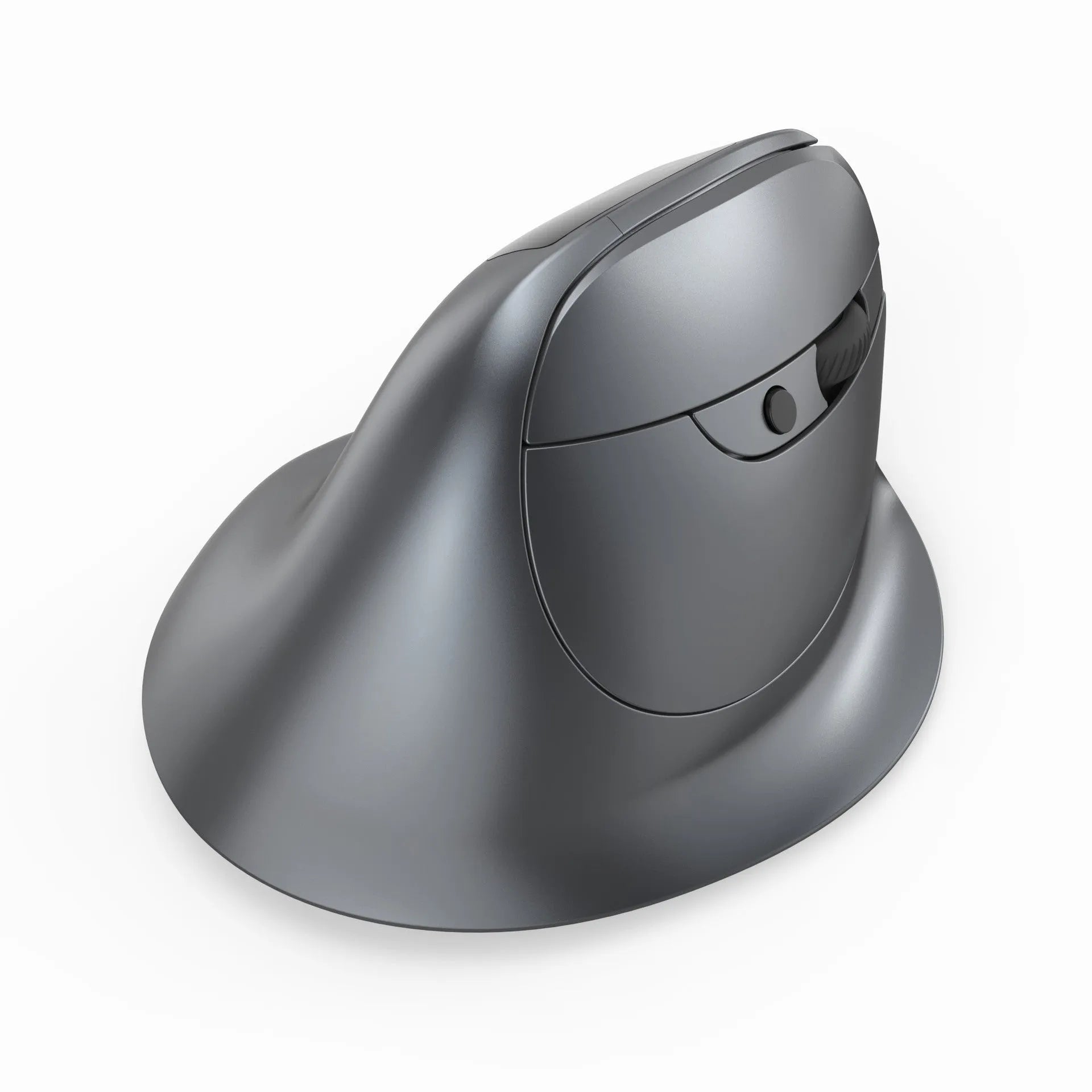 Grey vertical ergonomic mouse with Bluetooth connectivity and self-charging capability