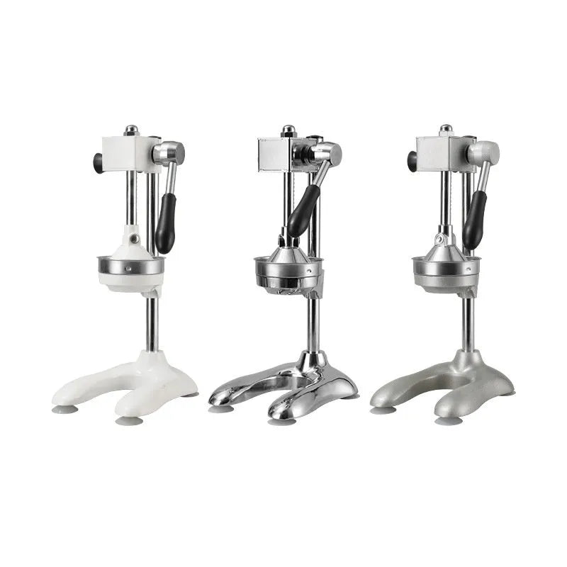 Vertical stainless steel manual citrus juicer in a selection of colours and head styles.