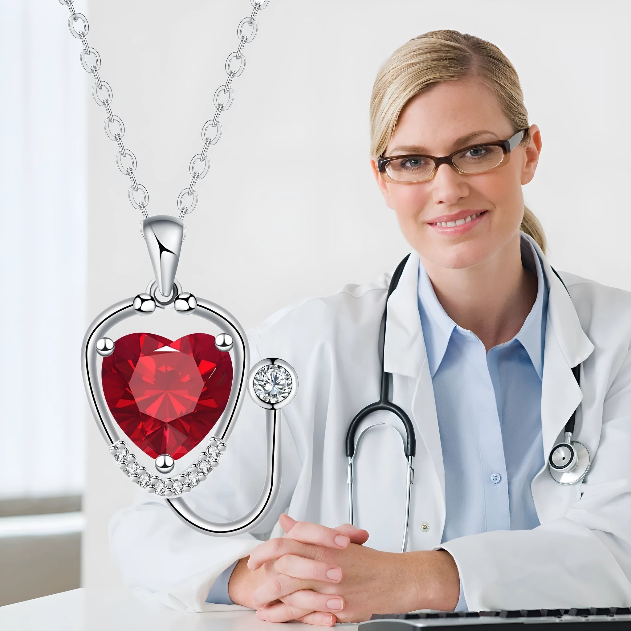 Women's fashion necklace with a copper wings cross stethoscope pendant featuring red diamond detail.