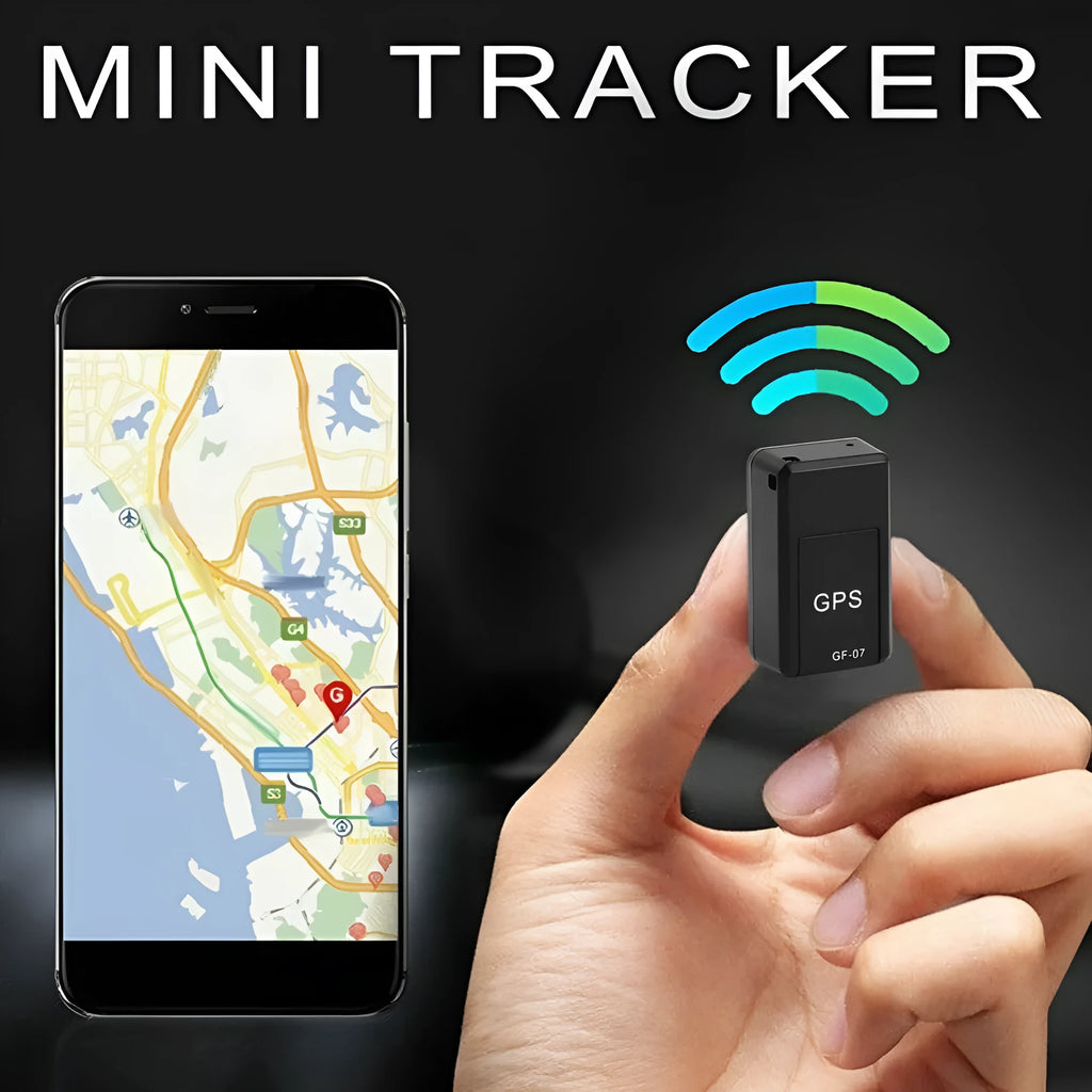 Small black magnetic GPS car tracker device with USB charging cable.