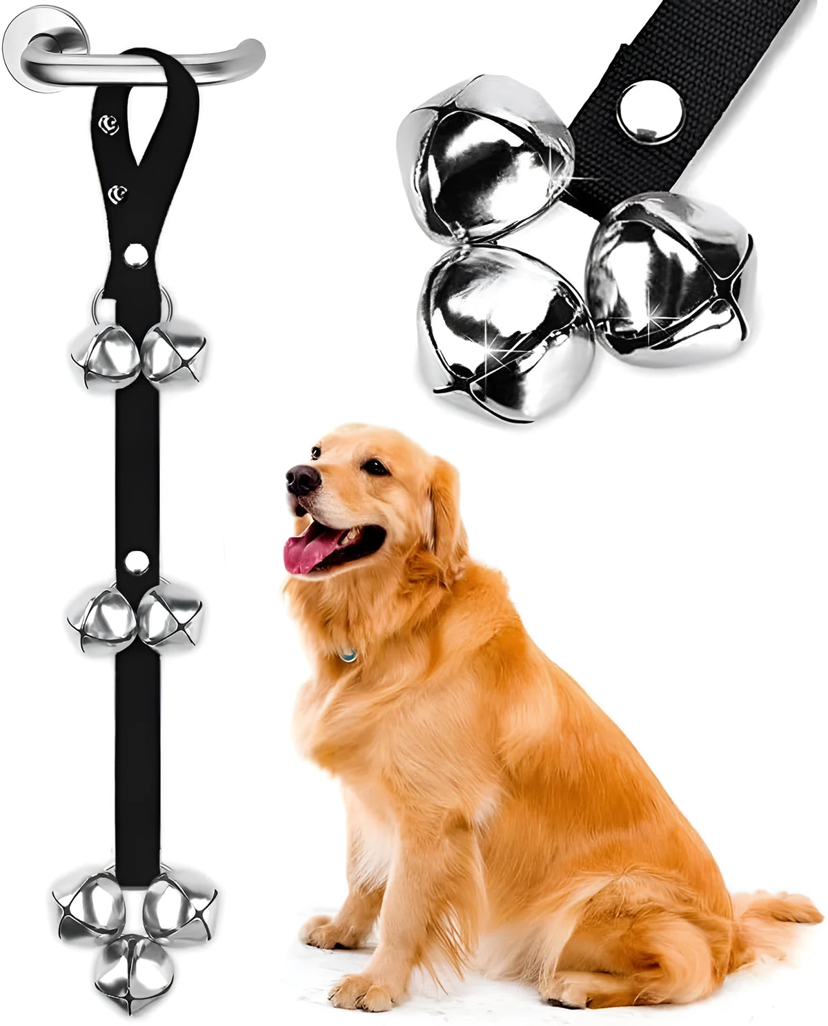 Silver metal dog training bells on an adjustable black nylon strap hanging on a door.