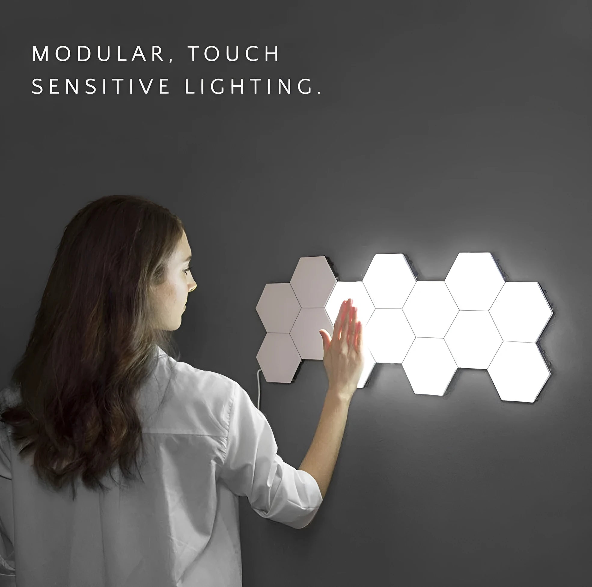 Helios modular honeycomb wall lamp with hexagonal ABS panels in modern minimalist design