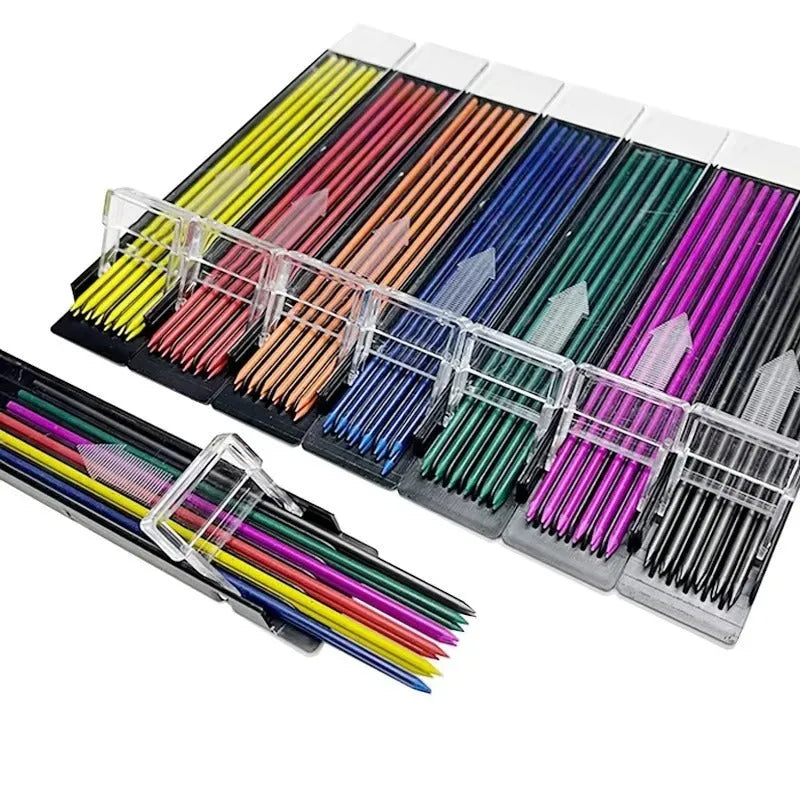 Box of twelve 0.7mm coloured mechanical pencil lead refills in rainbow colours.