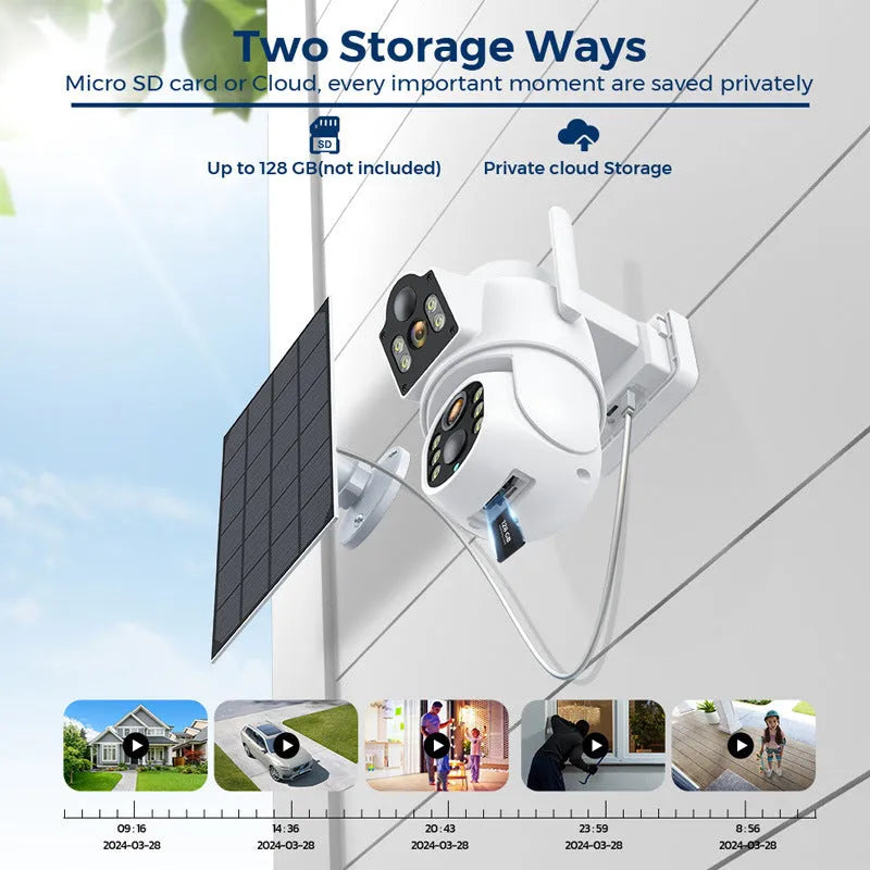 Outdoor solar-powered wireless WiFi security camera with solar panel on white background