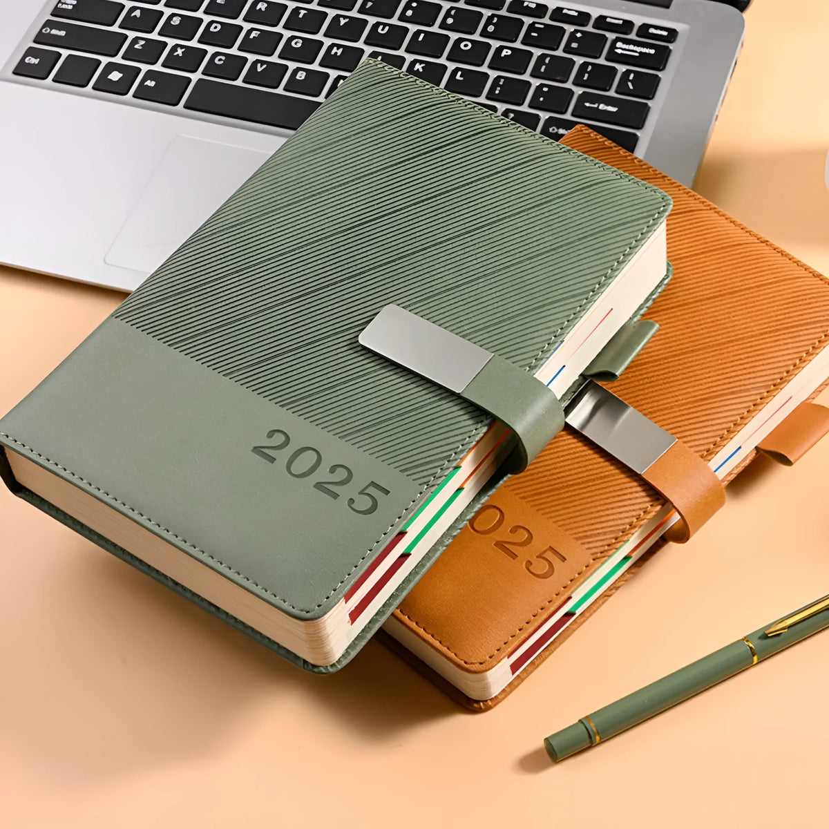 Striped PU leather notepad open to show 80g wood-free paper with eight colour options displayed
