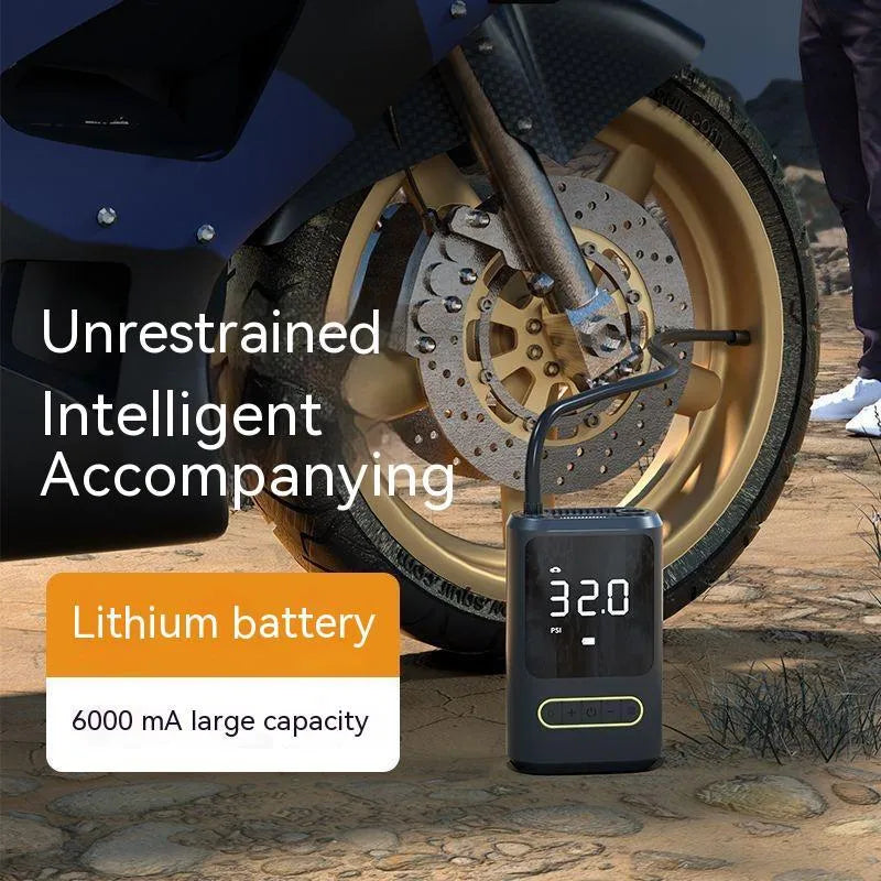 Wireless digital display car tyre inflator with LED light and multiple nozzles on black background