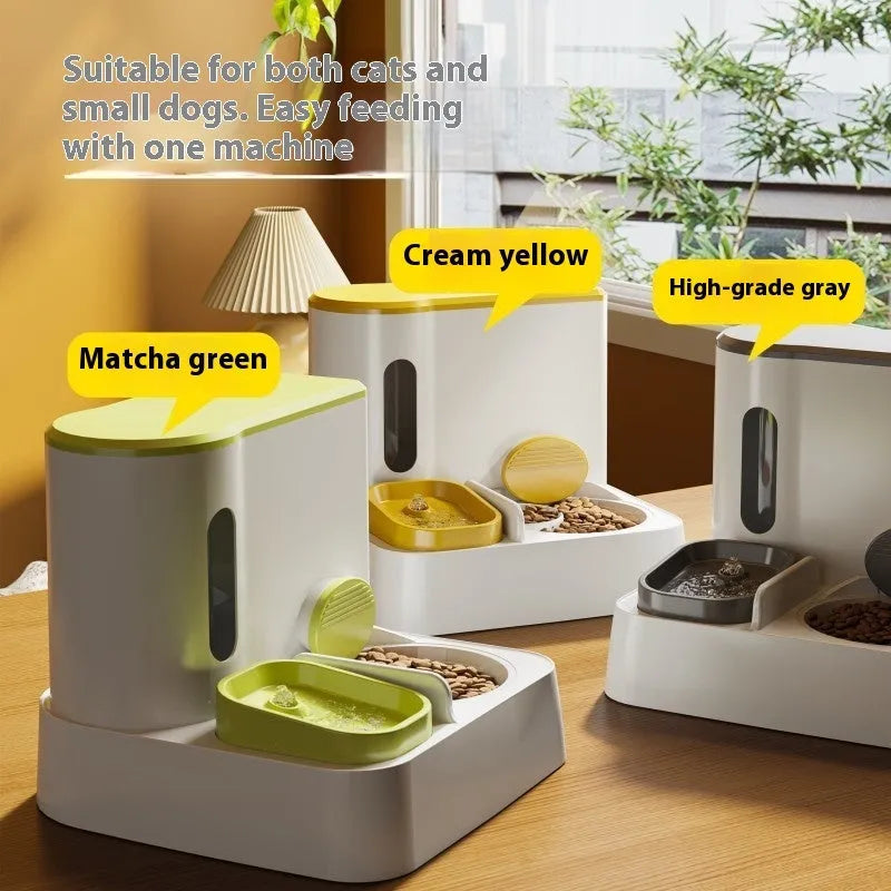 Automatic cat feeder with integrated water dispenser double bowl in grey, yellow or green colours