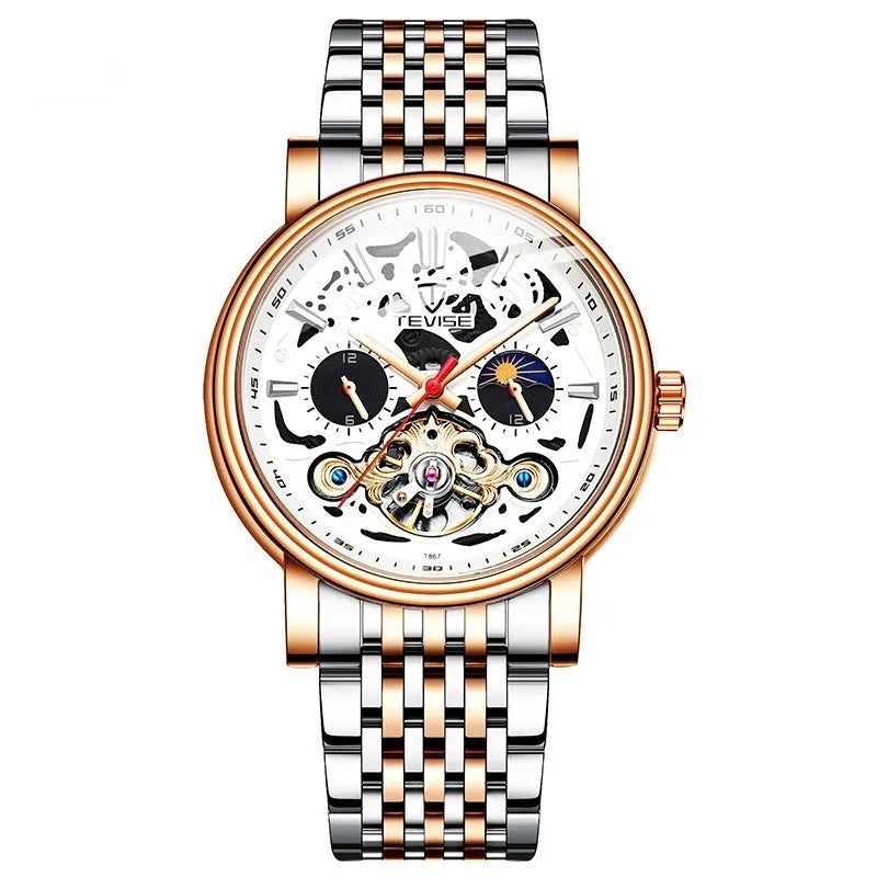 Men's black dial mechanical watch with visible golden tourbillon complication and luminous hands on a metal bracelet.