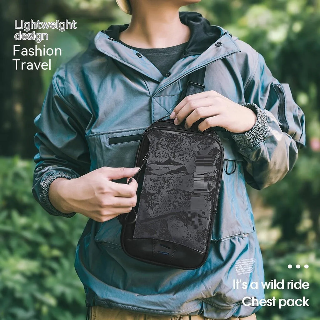 Casual black camouflage pattern chest bag with a shoulder strap, shown in a square vertical shape.