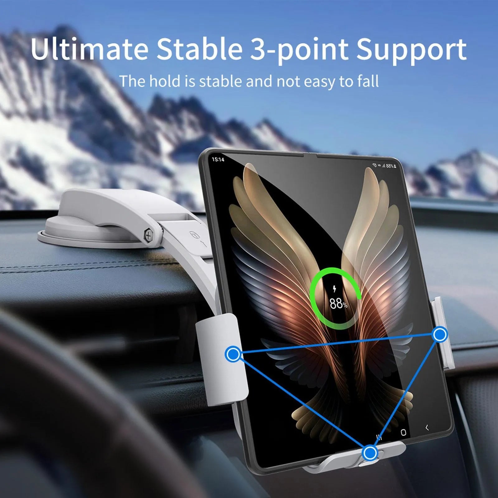 Grey wireless charging car phone holder for folding screen mobiles with AC clip and suction cup mount.