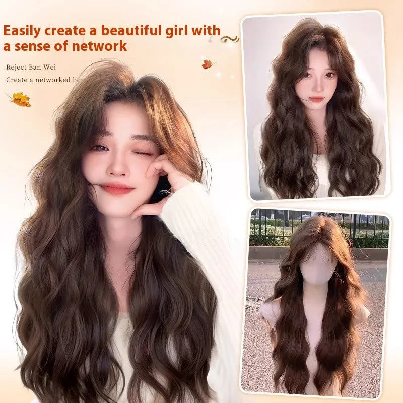 Full-head women's wig with long curly artificial hair and side bangs in brown colour options