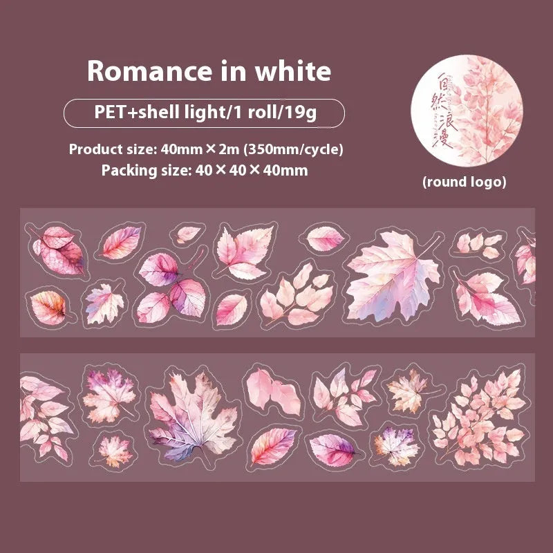Roll of autumn leaf decorative stickers showing six colour variations including ginkgo and maple patterns