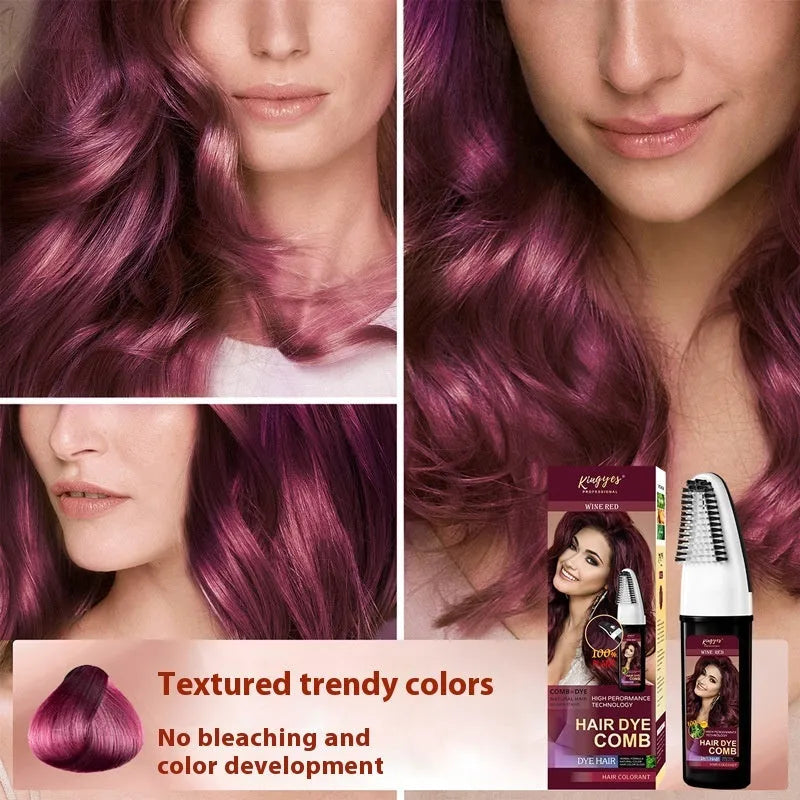 Hair dye kit with comb applicator and three 200ml bottles in brown, wine red, and dark brown shades