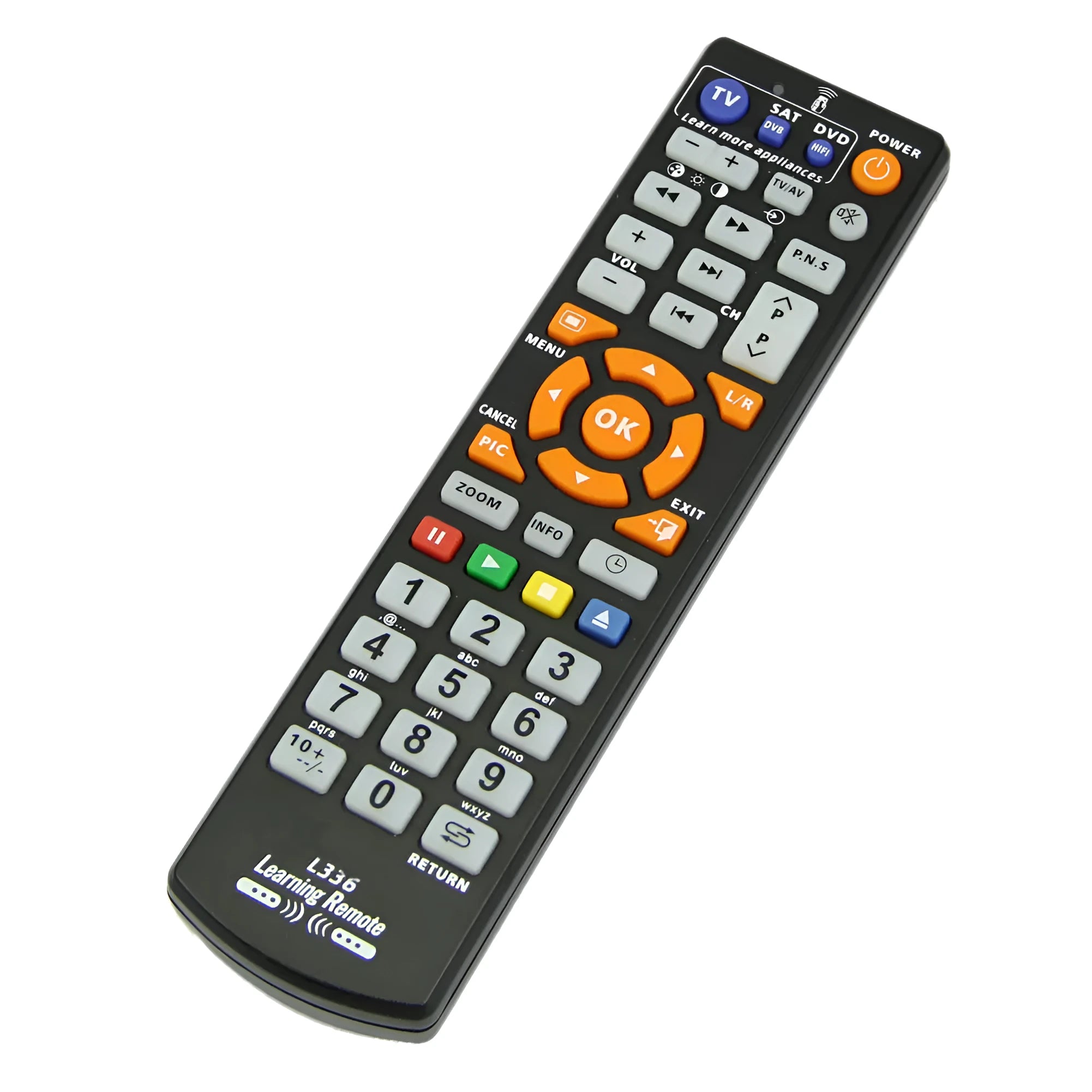 Black L336 learning remote control with full key layout for infrared device programming